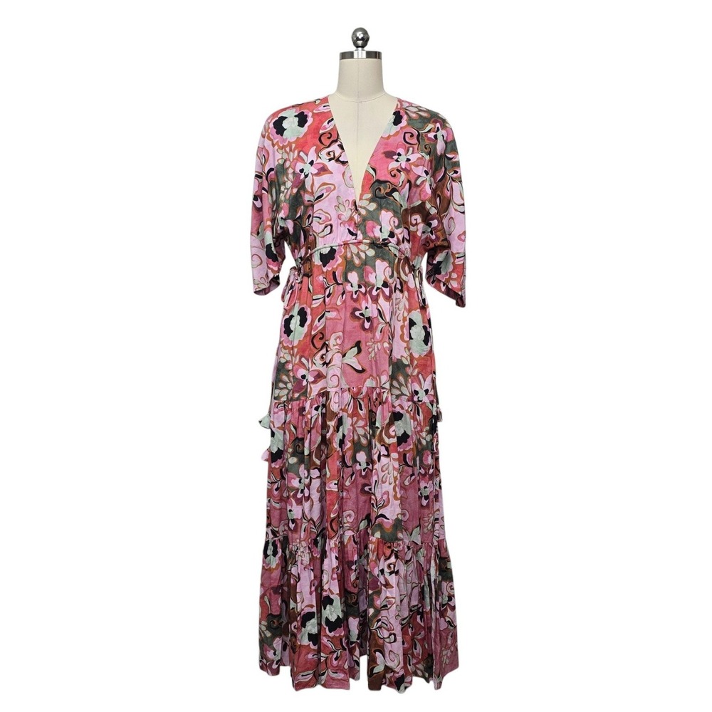 MISA Los Angeles Pink Floral V-Neck Tiered Maxi Dress Womens Size XXS NWT